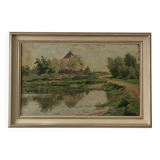 Vintage Original Landscape Oil Painting: Countryside Cottage Art