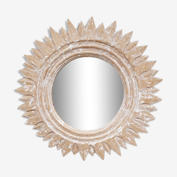 Miroir " Soleil" en bois sculpté et cérusé 74cm