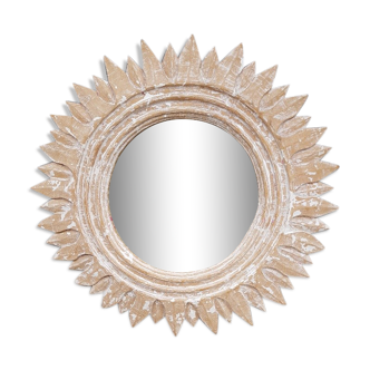 Miroir " Soleil" en bois sculpté et cérusé 74cm