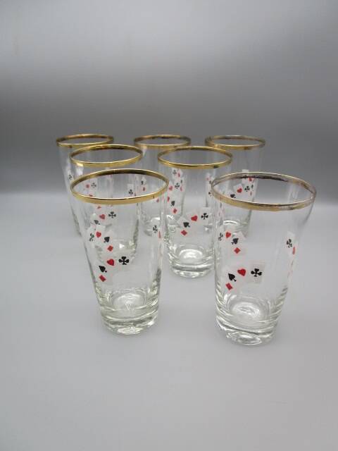 Set of 7 vintage glasses from the 50s/60s - enamelled playing cards