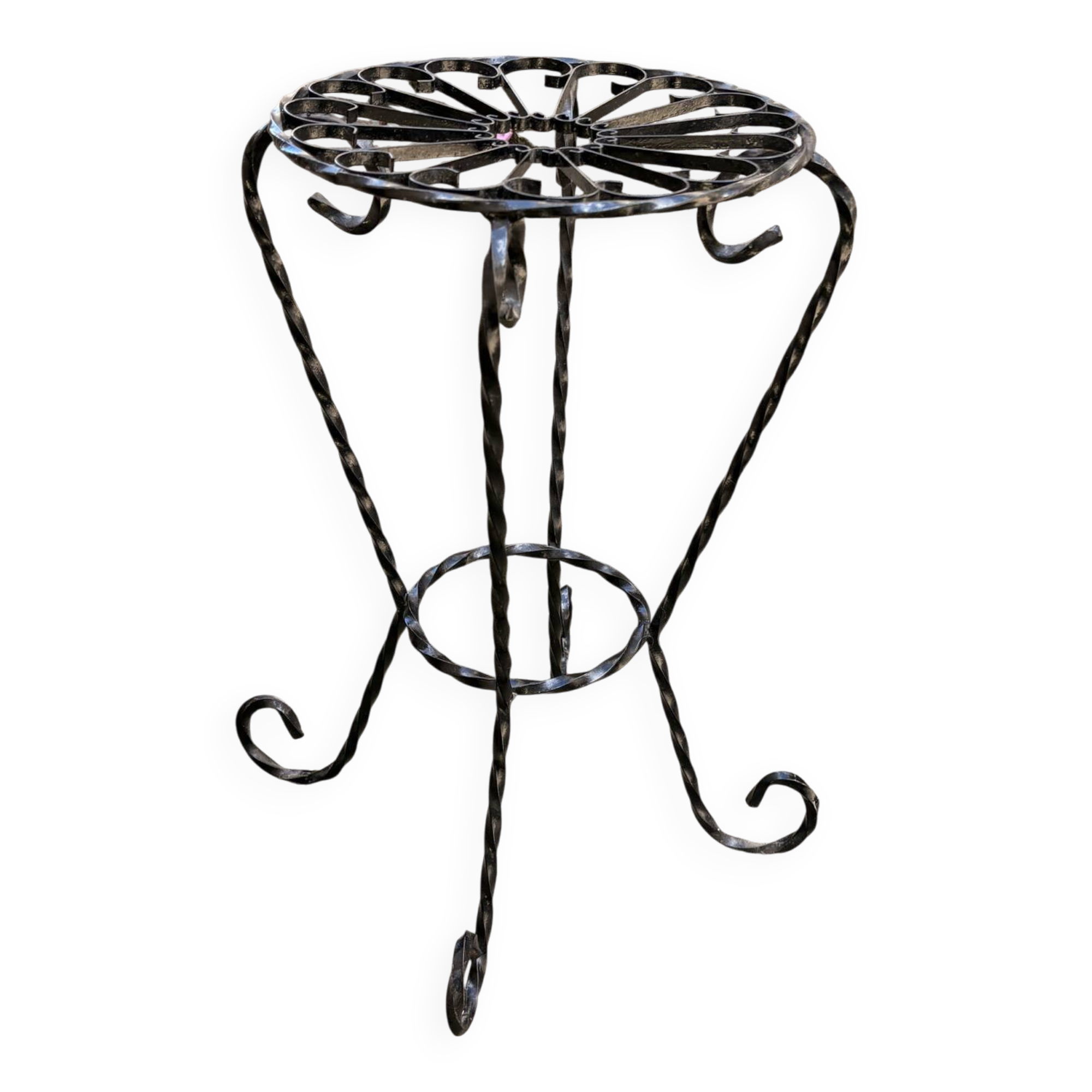 Guéridon porte-plante vintage fer forgé torsadé – Élégance romantique 50'