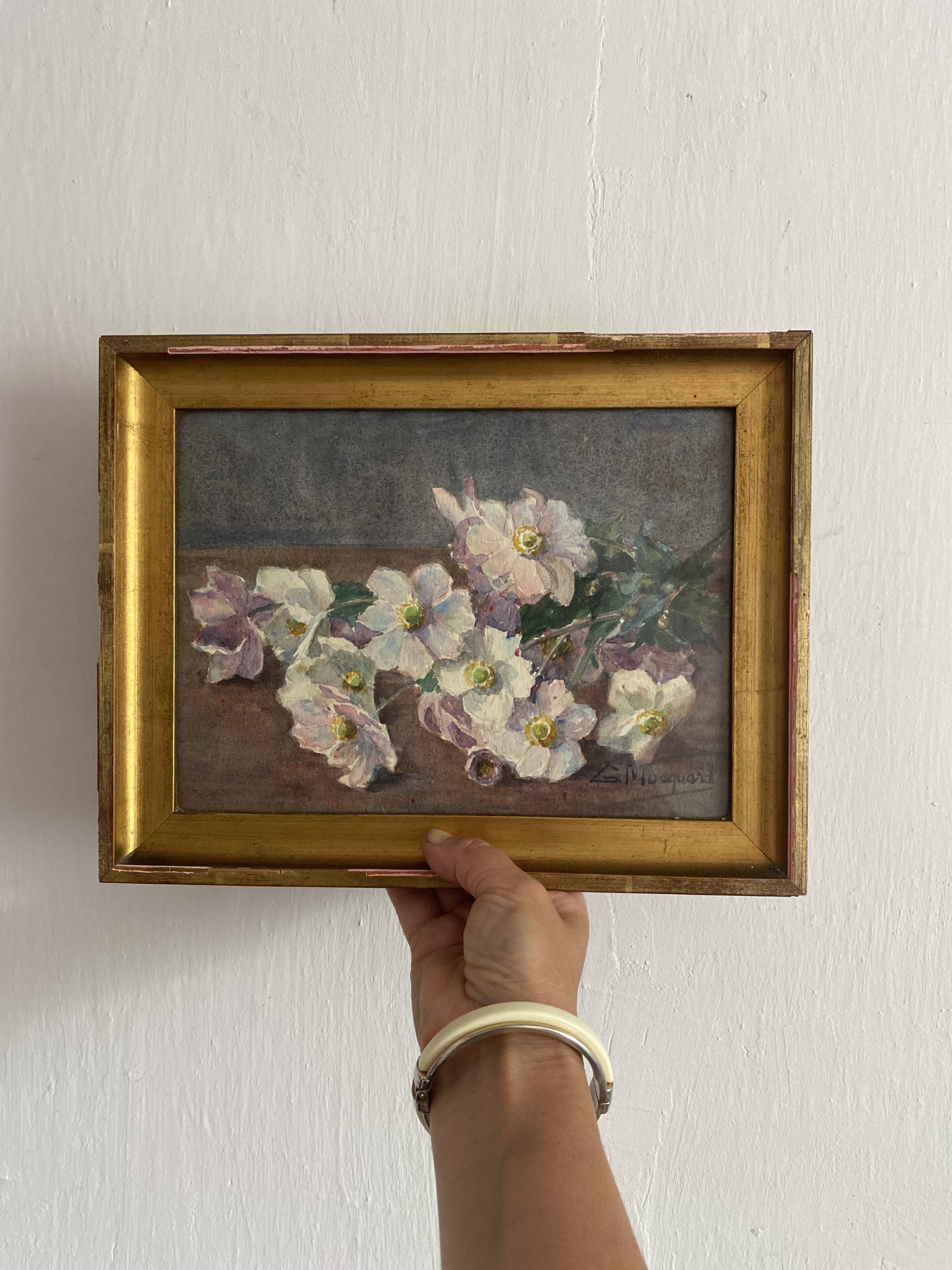 Aquarelle fleurs d'hellébores encadrée G. Mocquart