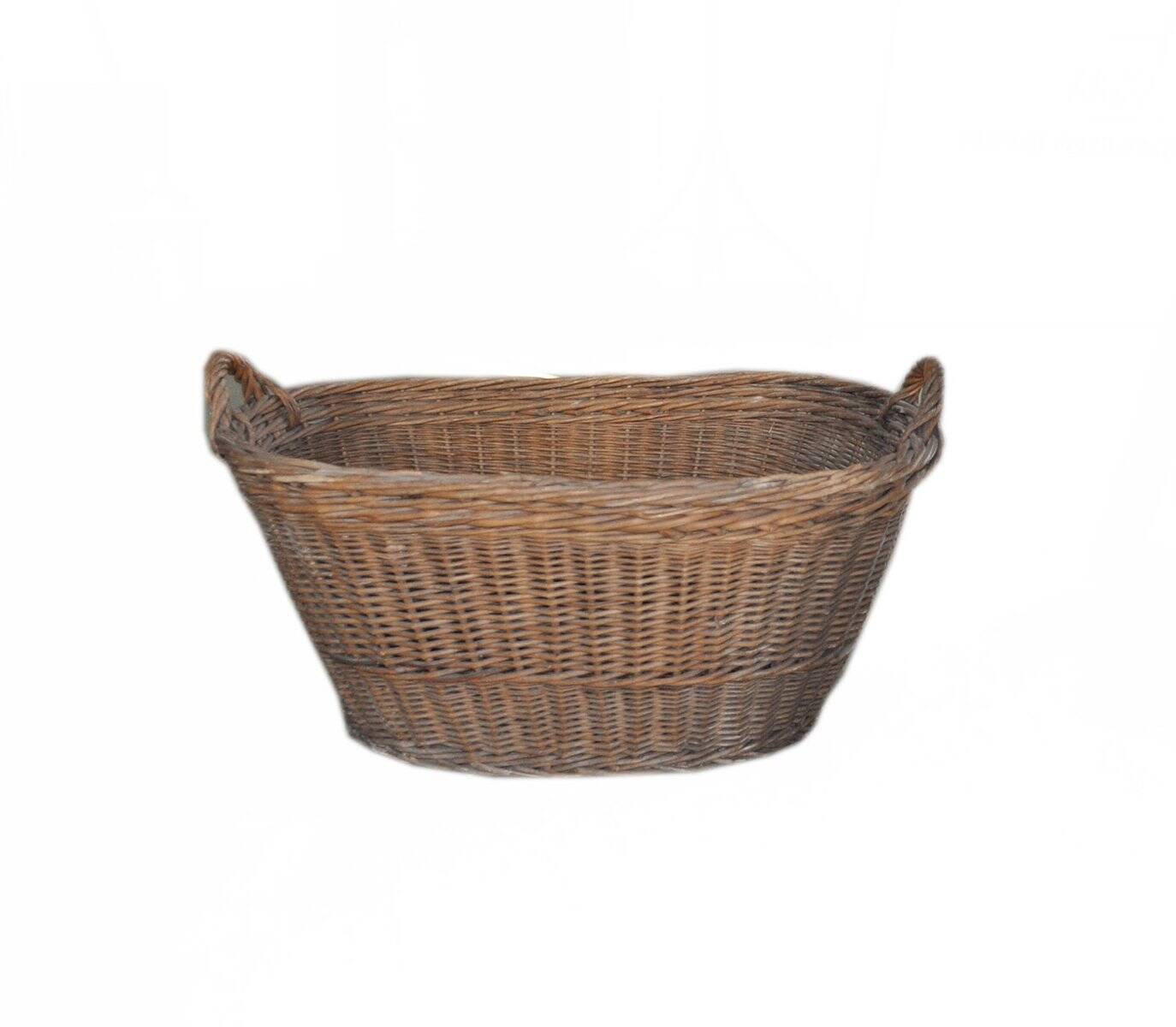 Rustic brown wicker basket from the 1940s — large oval laundry basket