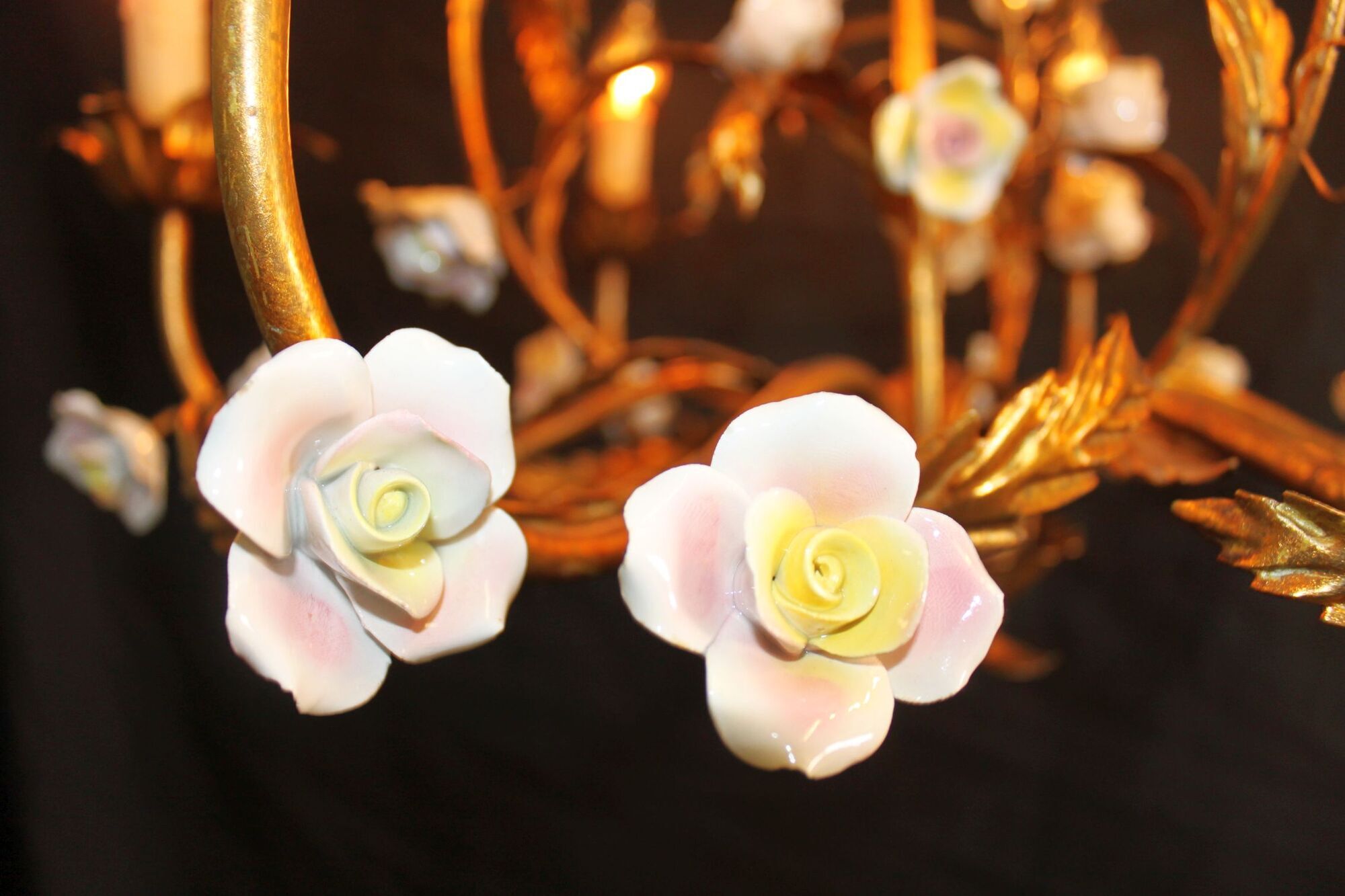 Golden metal chandelier with porcelain flowers, 50's
