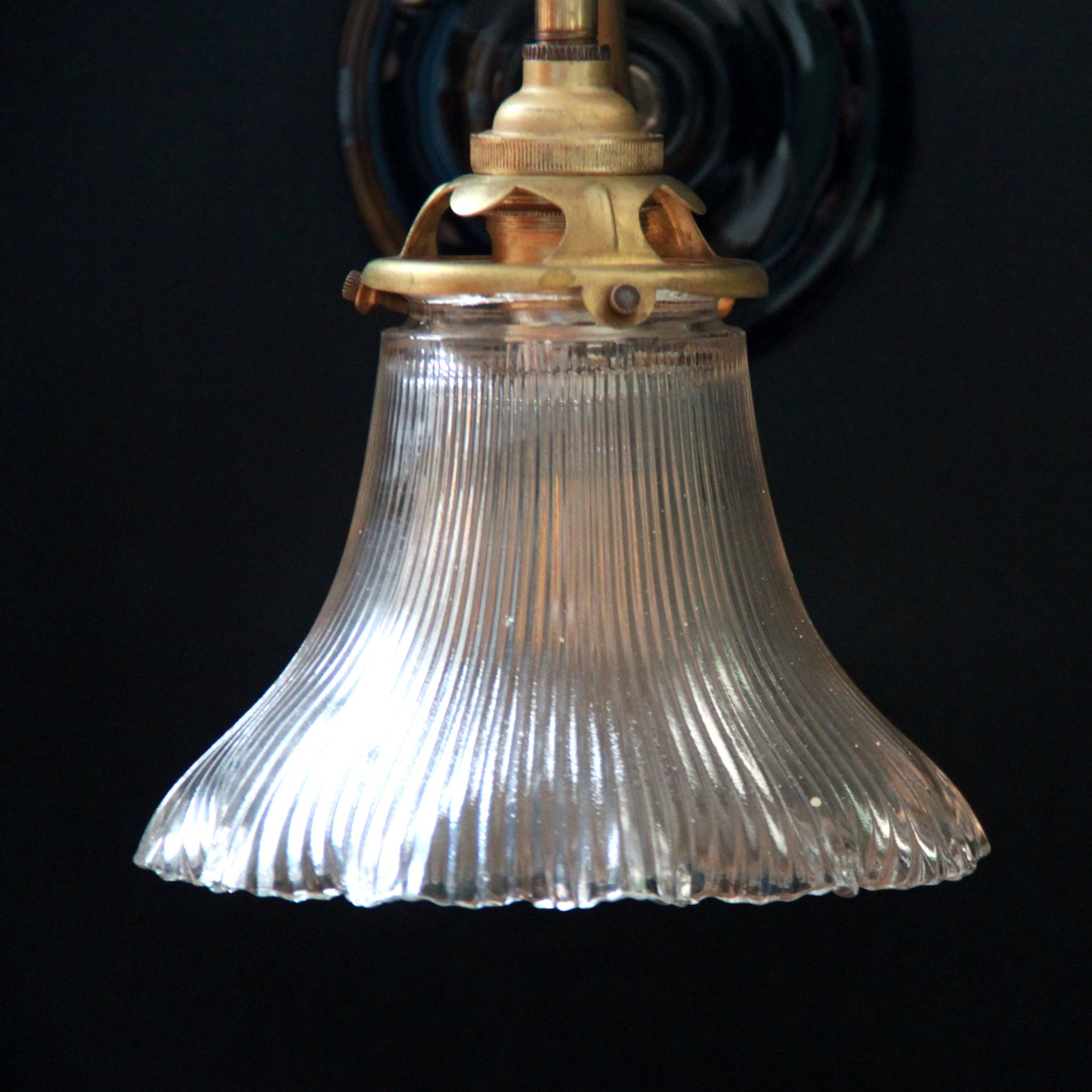 Holophane type prismatic glass wall lamp and brass gooseneck
