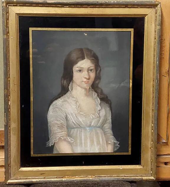 Old pastel portrait on canvas of a young noble, signed and dated 1899 on the back, gilt frame.