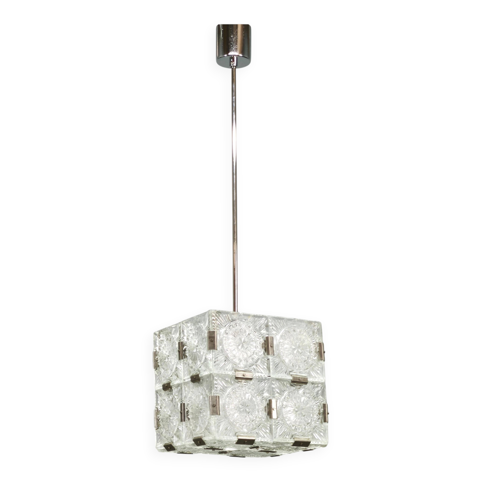 1970s Czech Geometric Pressed Glass and Chrome Cube Pendant Light