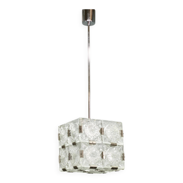 Suspension en verre pressé géométrique tchèque des années 1970 avec cube en chrome