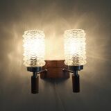 Danish Design - MCM Wall Lamp with Sconces - Pressed Glass with Teak Wood - 1960s, Denmark