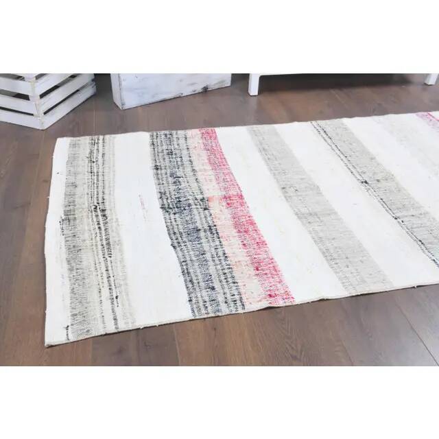 Vintage Turkish hand-knotted wool cotton white kilim runner rug  95x265