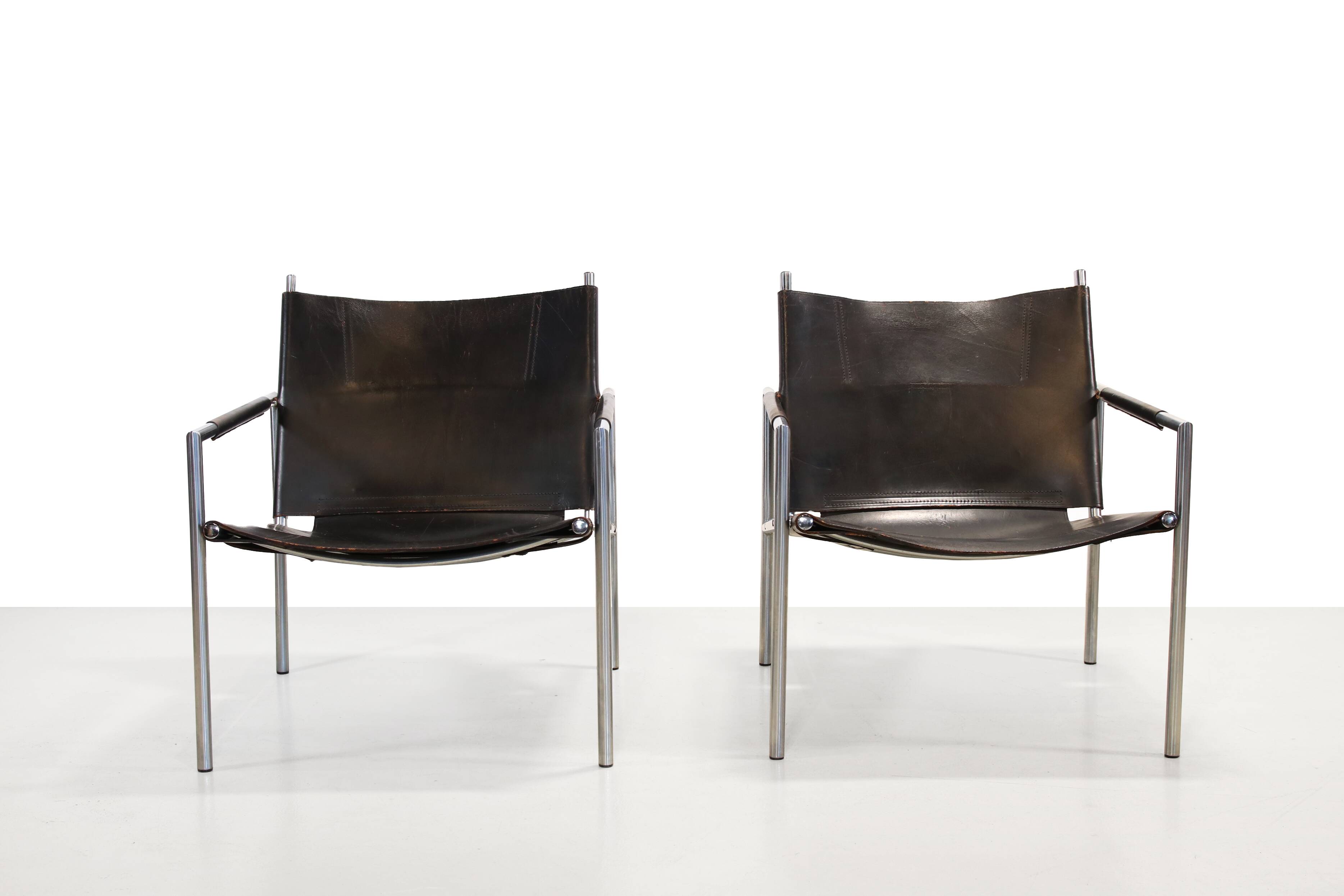Set of black leather SZ02 armchairs by Martin Visser for t Spectrum