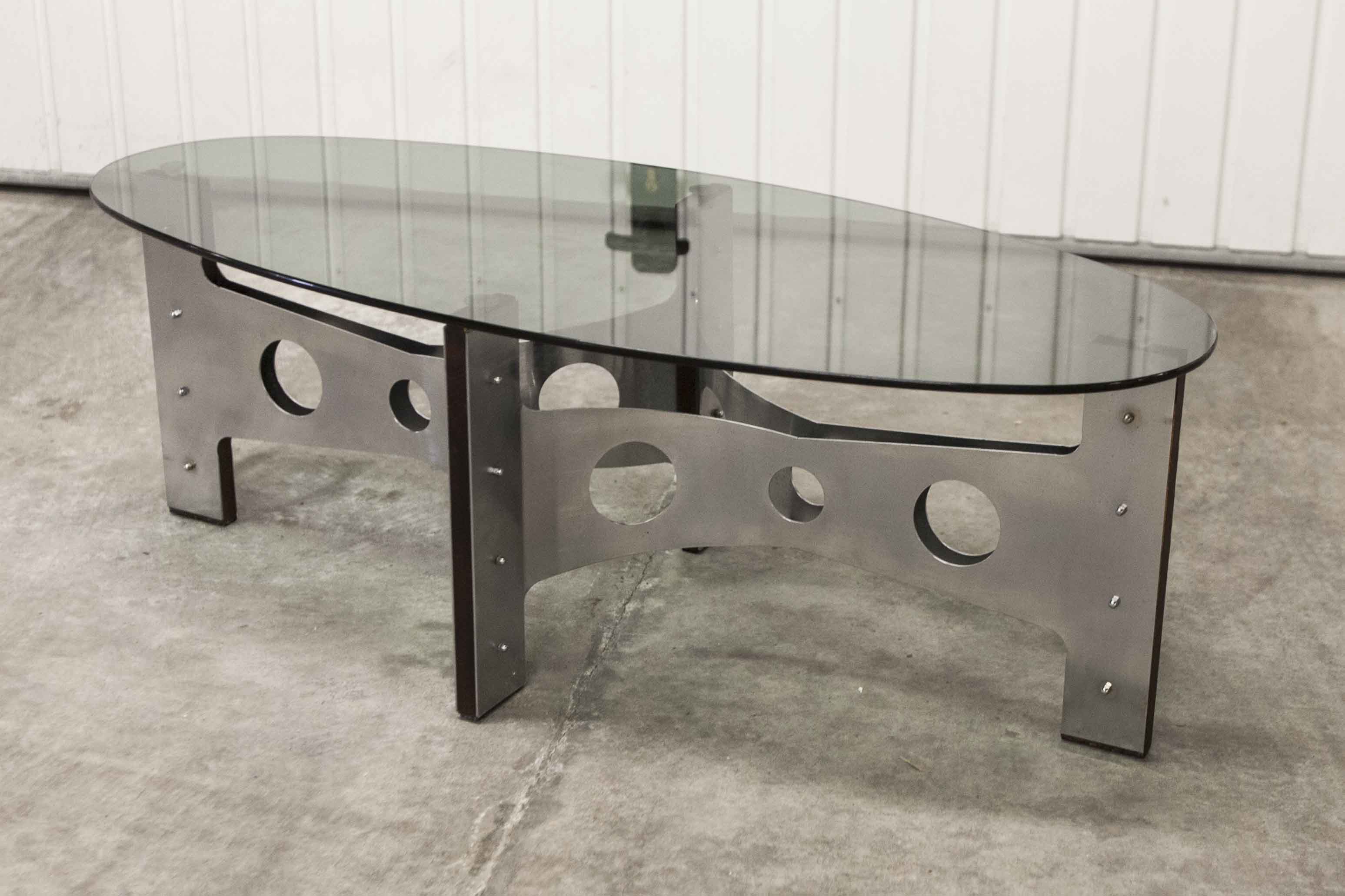 Oval coffee table 1970 feet metal and wood smoked glass