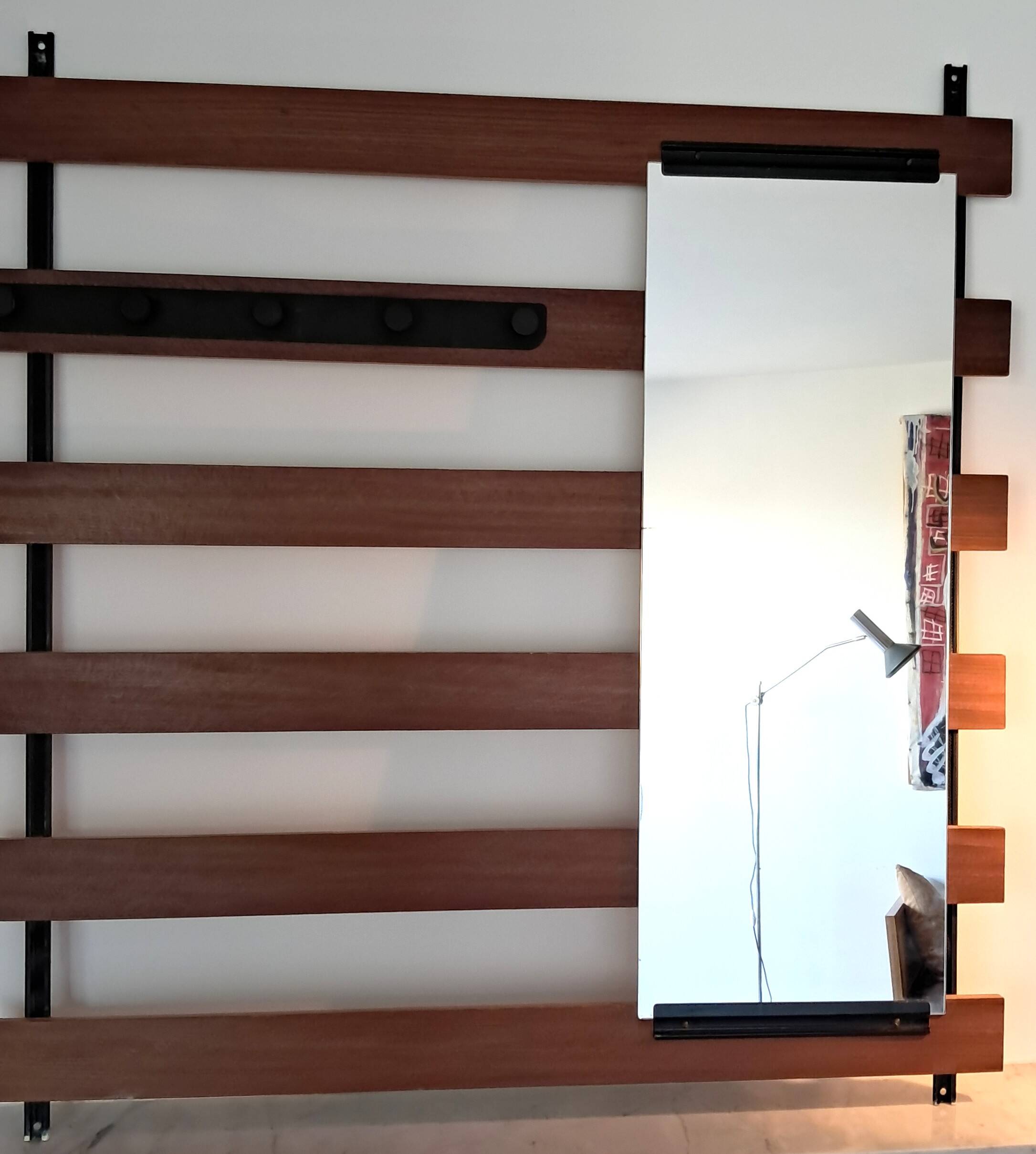 Vintage teak wall coat rack with 5 hooks and mirror.