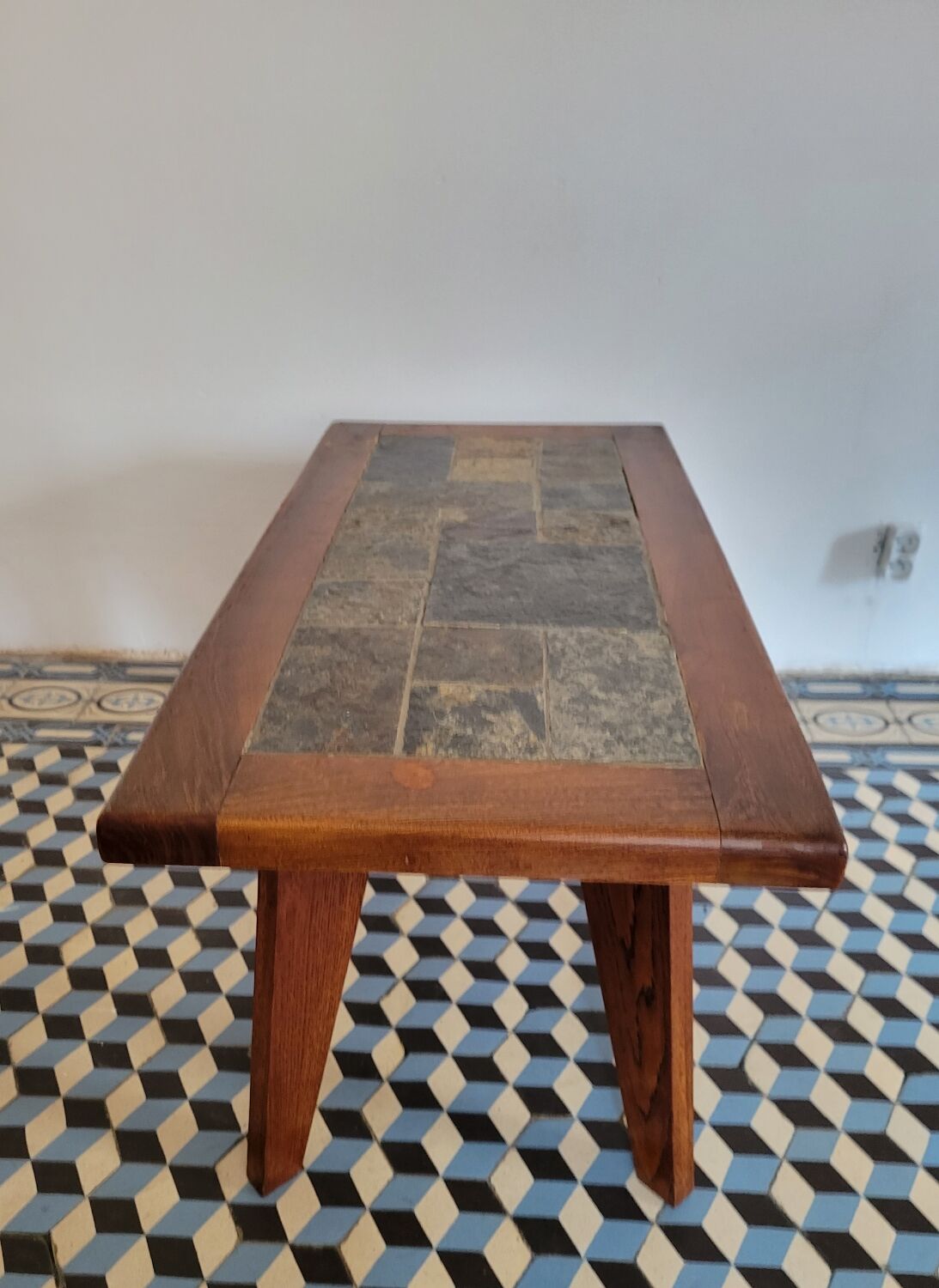 Brutalist coffee table wood and slate