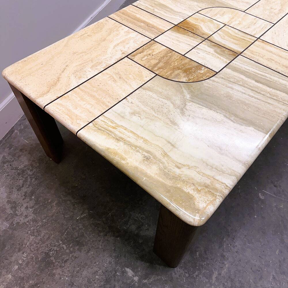 1970s travertine coffee table with sculptural top and solid oak base