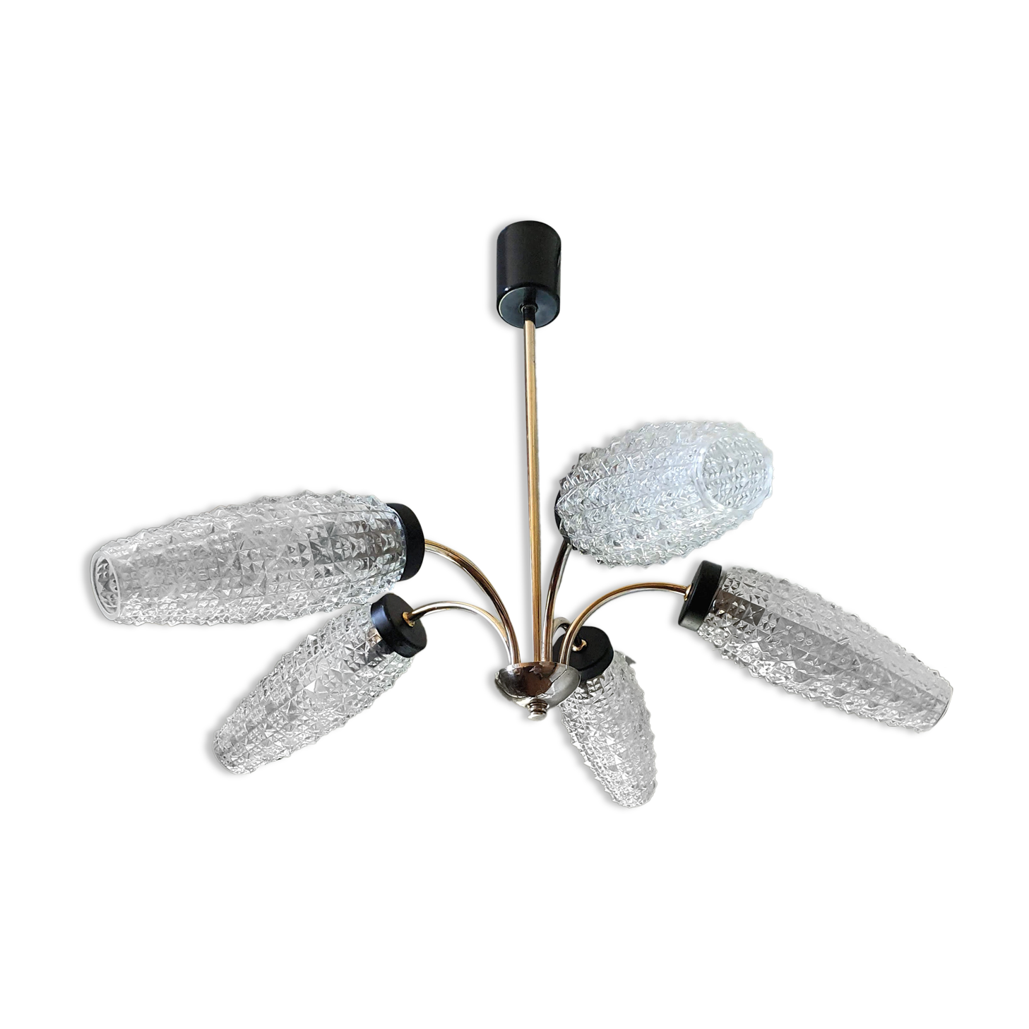 Vintage chandelier in brass and glass