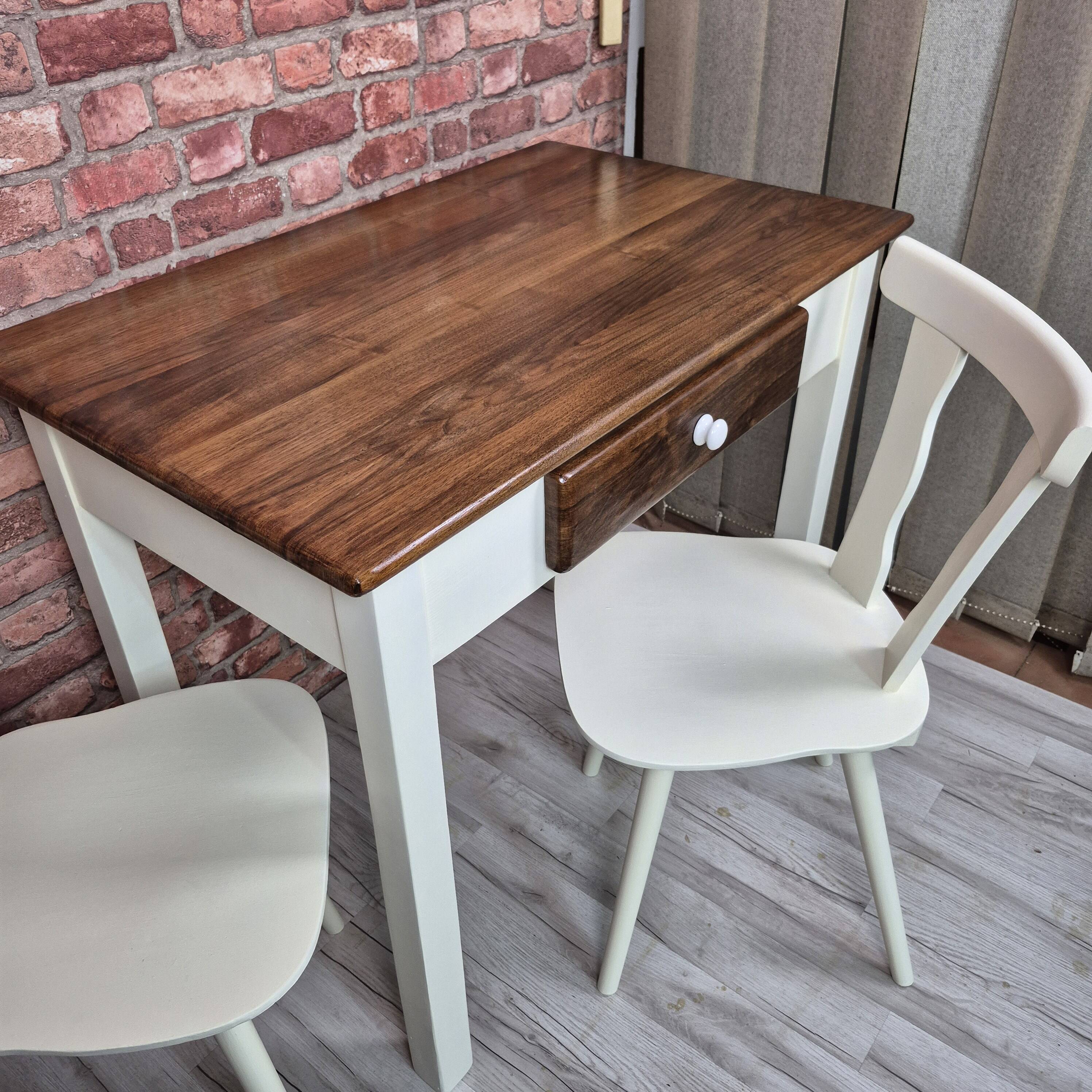Upcycled Vintage Kitchen Dining Set Table and 2 Chairs - Cream and Walnut