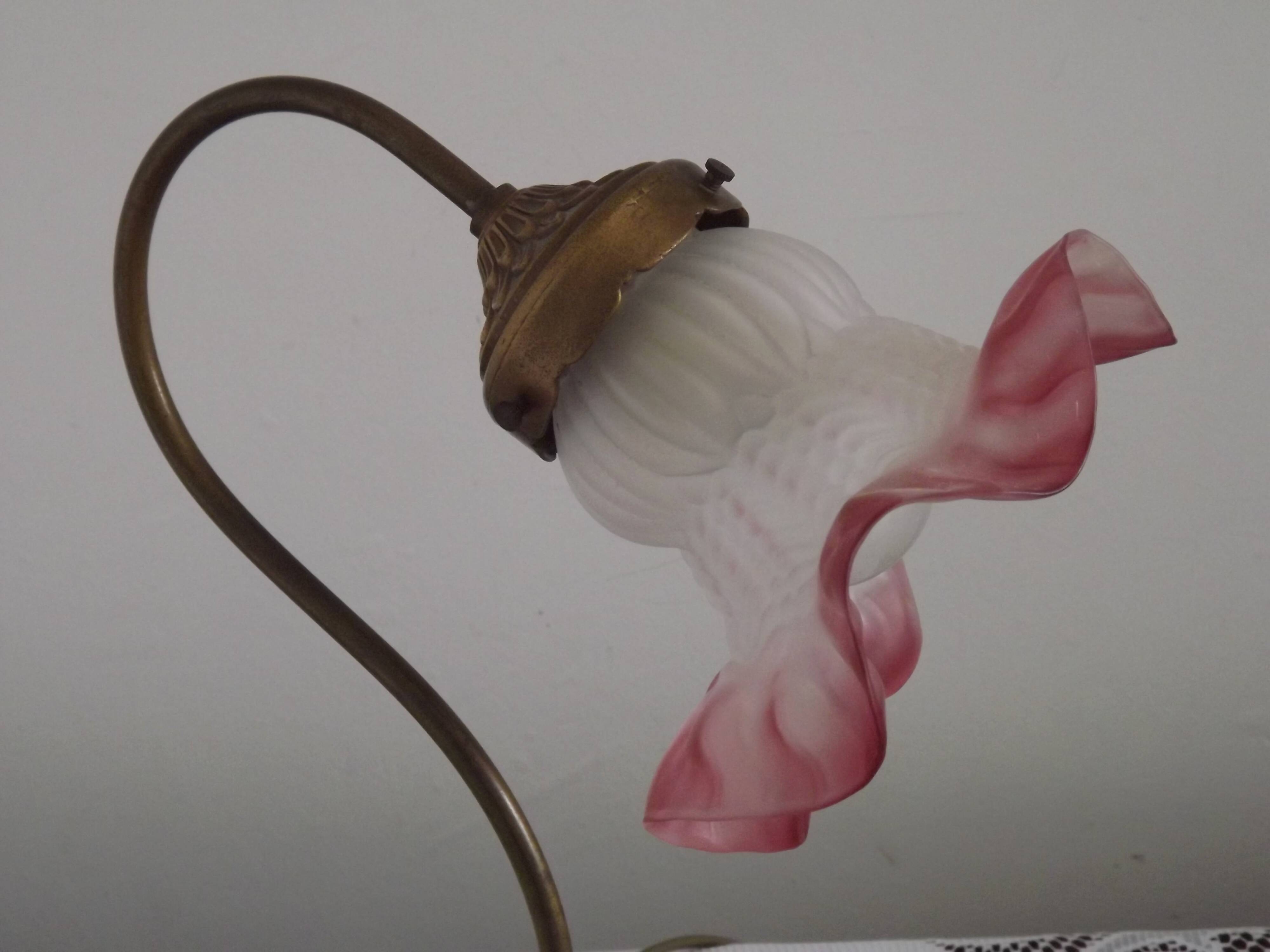 French Art Nouveau Brass Goose Neck Table Lamp White & Pink Glass Shade