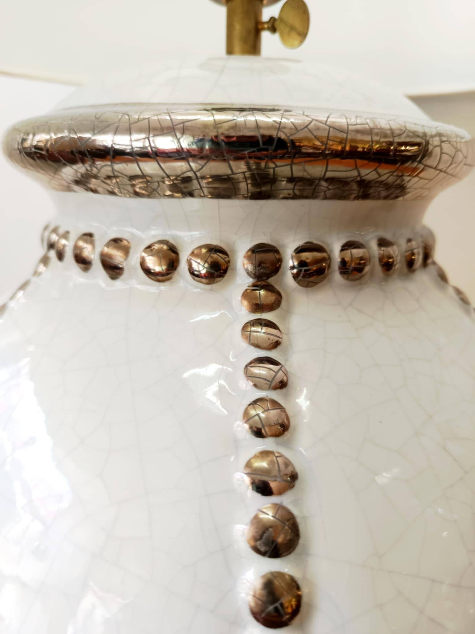 Longwy earthenware lamp and Klein blue lampshade