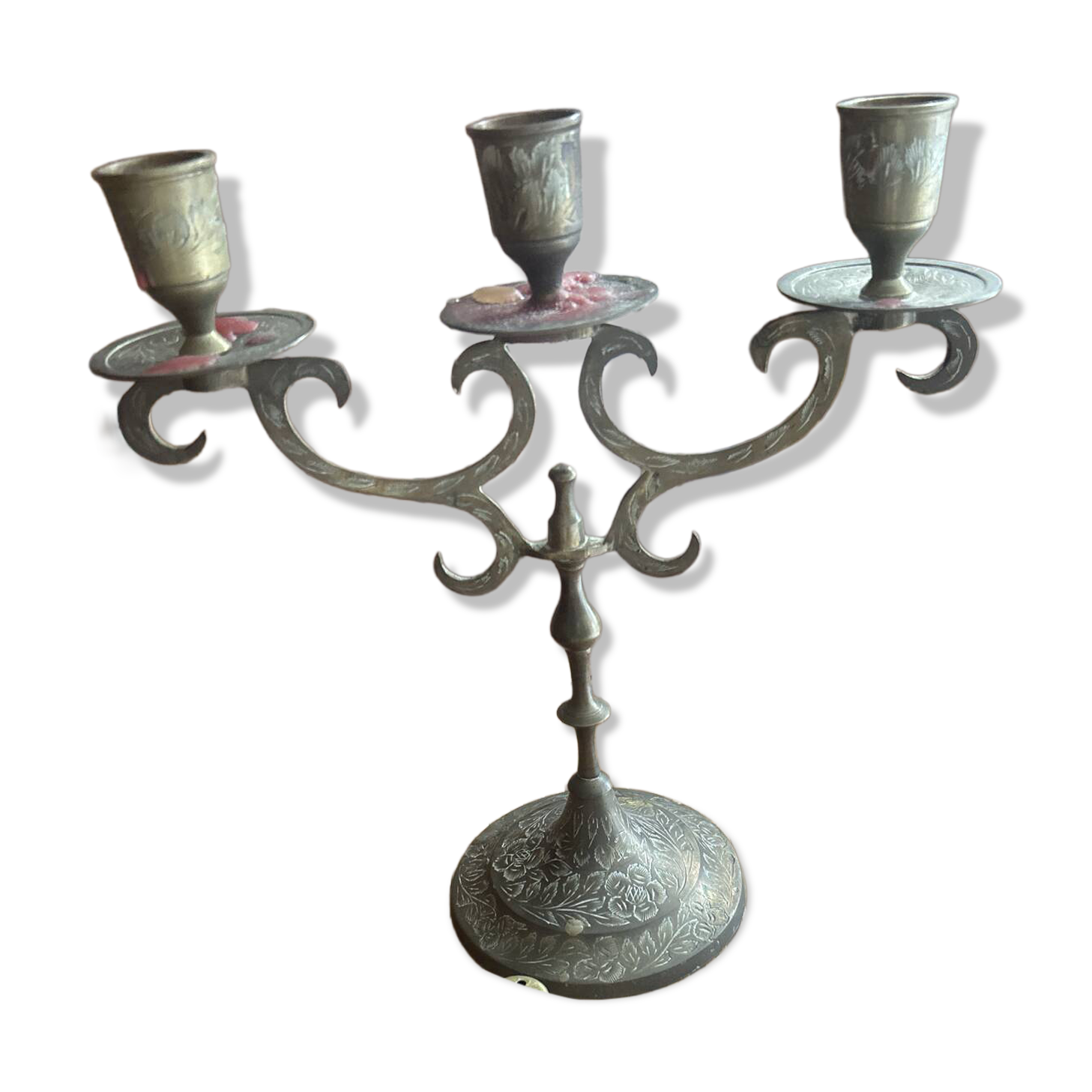 Vintage brass candelabrum engraved with three lights and a snuffer.