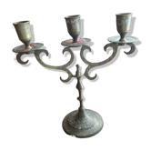 Vintage brass candelabrum engraved with three lights and a snuffer.
