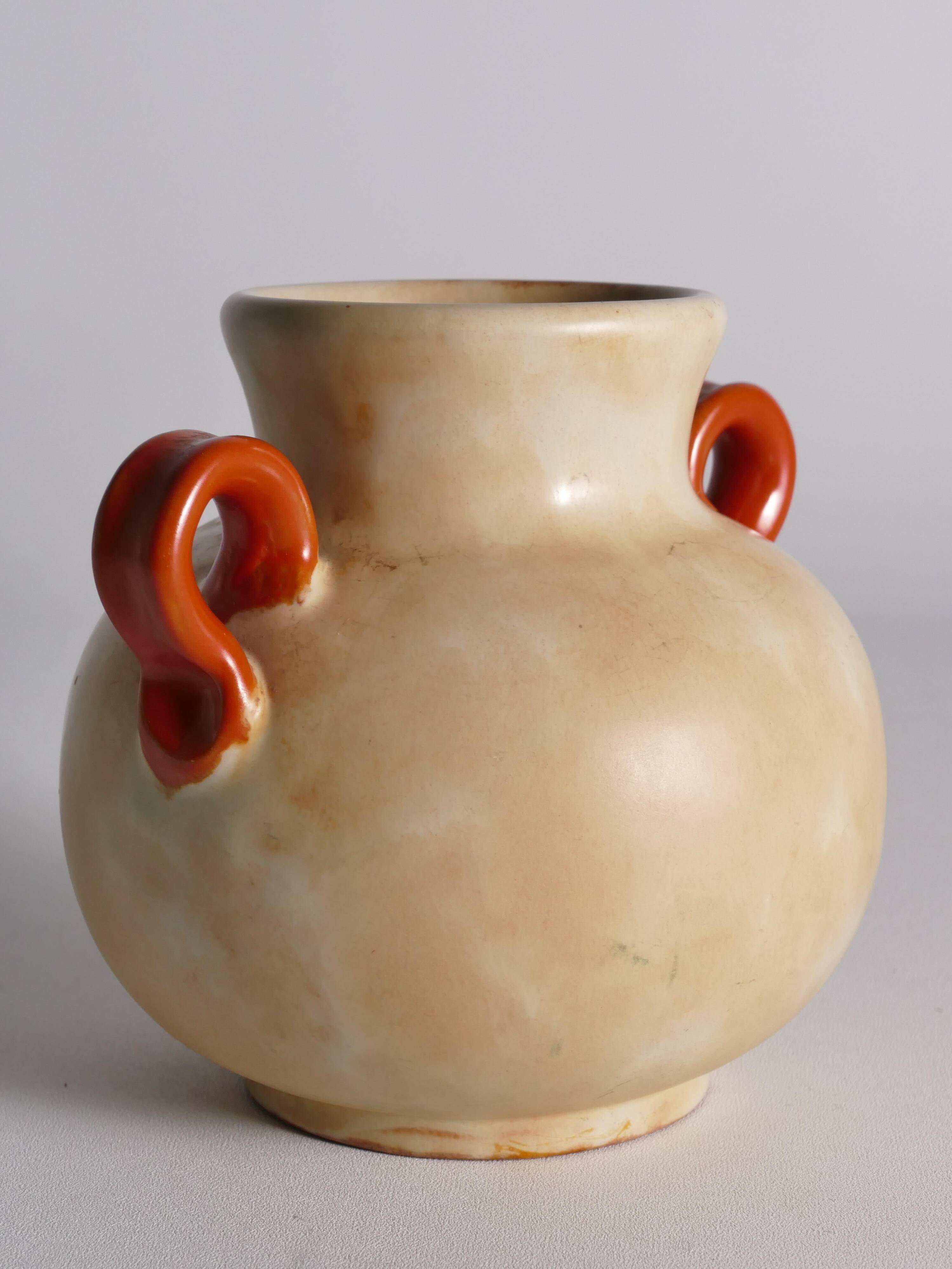 Art Deco Ceramic Beige Vase with Red Handles by Anna-Lisa Thomson, Upsala Ekeby