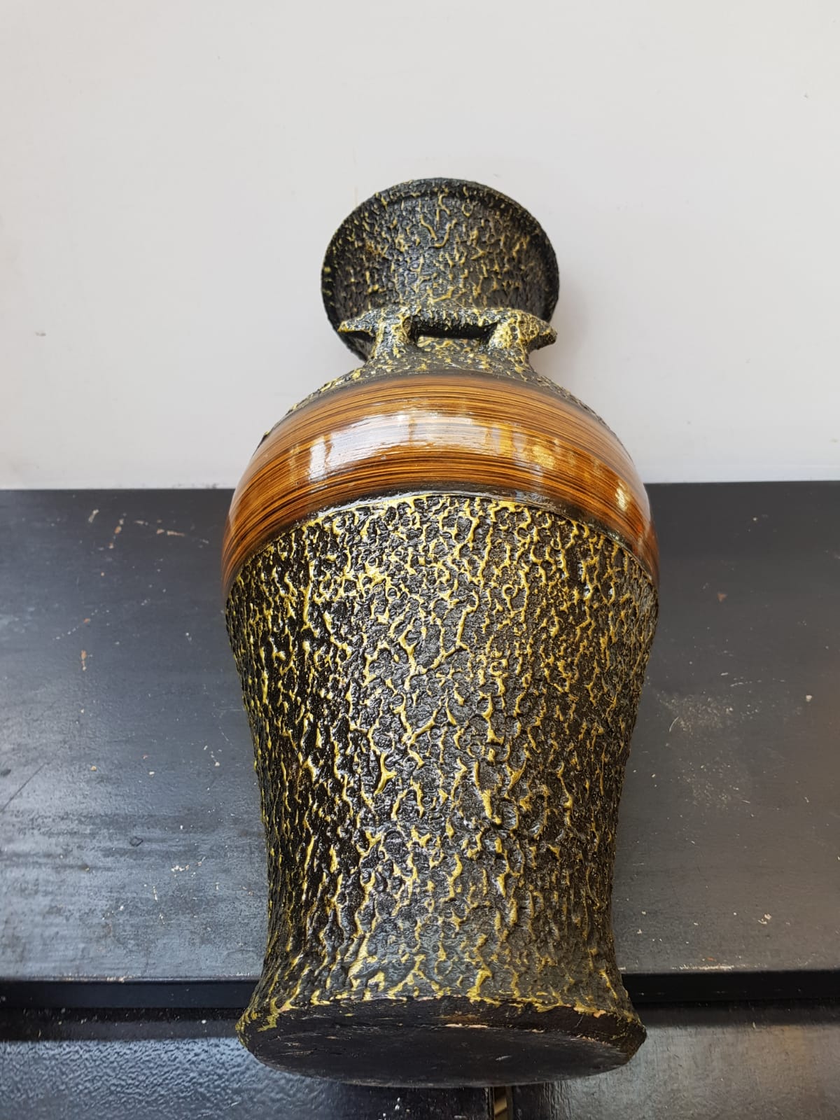 Vase large model black ceramic gold & brown vintage wood imitation