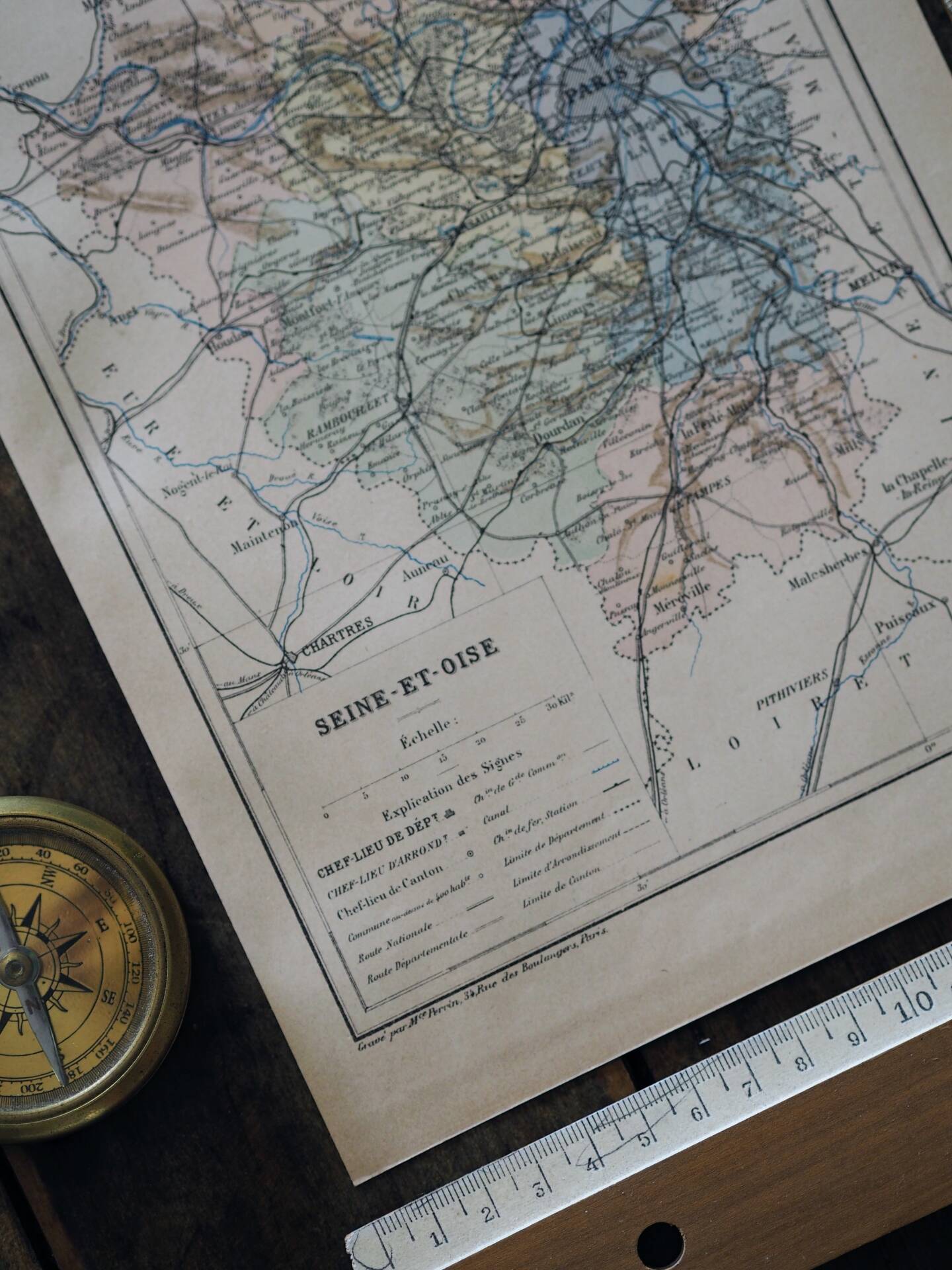 Map of Seine-et-Oise, France. Antique printed in 1889.