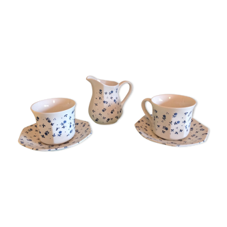Ensemble à thé en ceramique blanche à fleurs bleues / vintage années 70