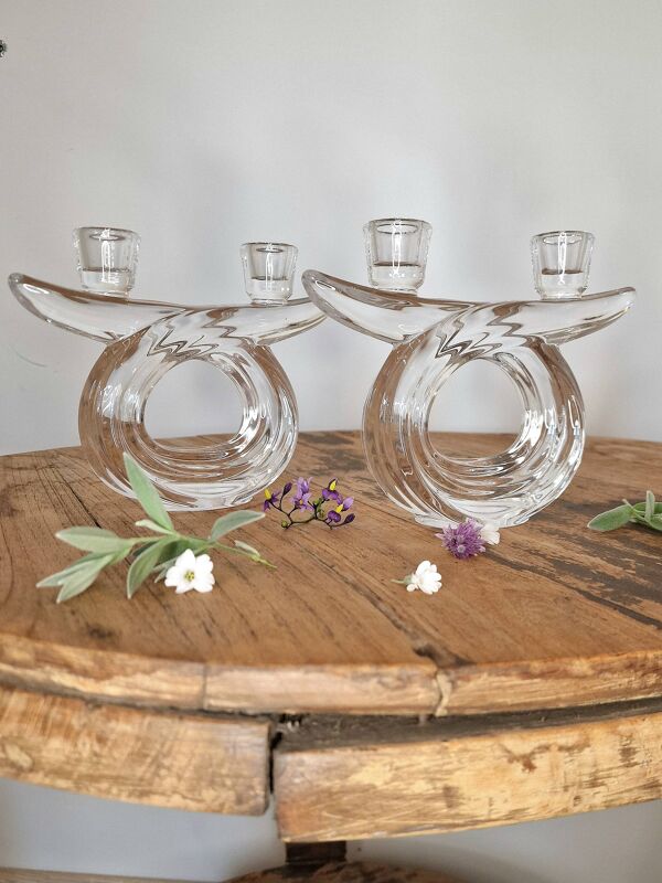 Paire de bougeoirs vintage Art Vannes cristal – design seventies