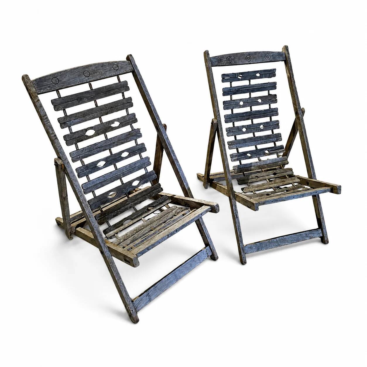 2 x weighty solid foldable wooden colonial deckchair / deck chair / 1960s