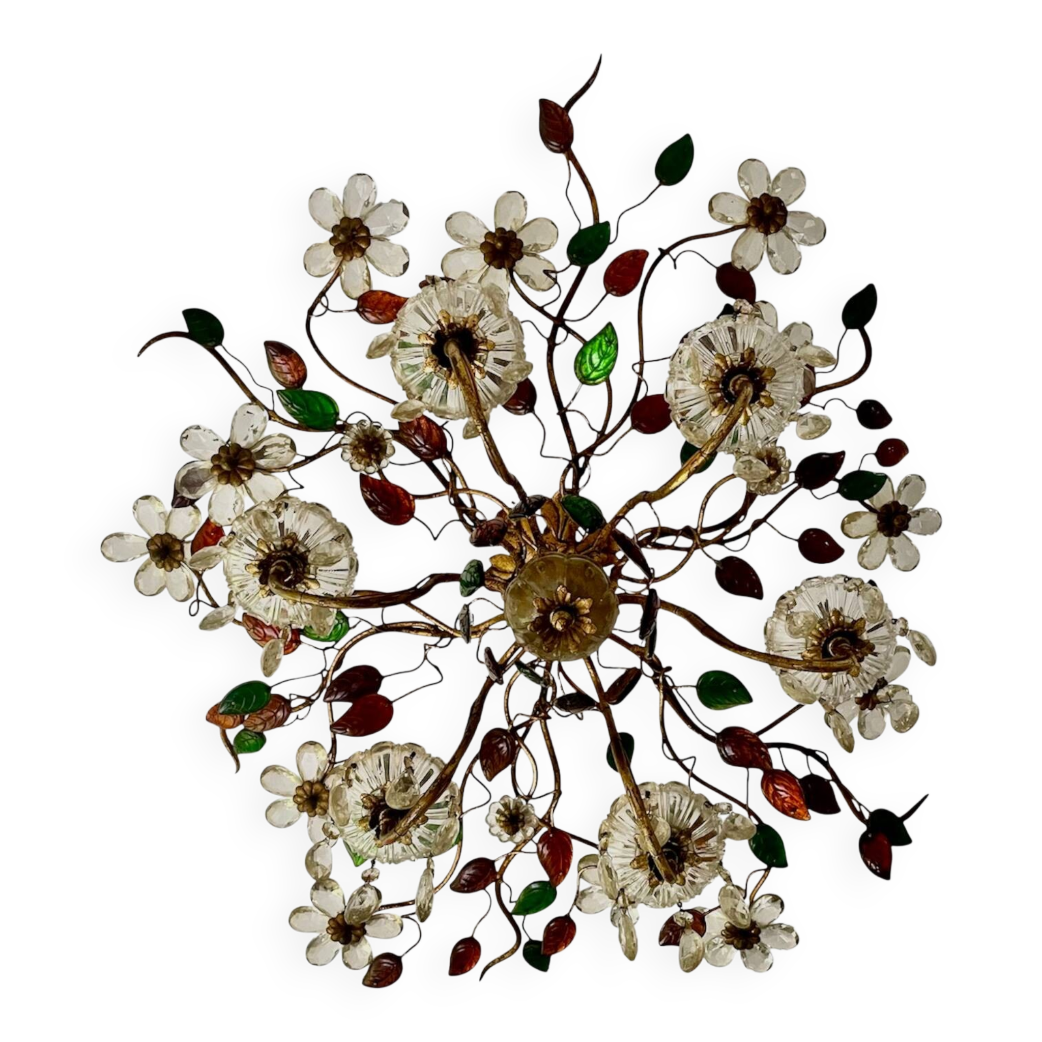 Floral chandelier Banci Firenze with 6 lights, coloured glass and gold metal.