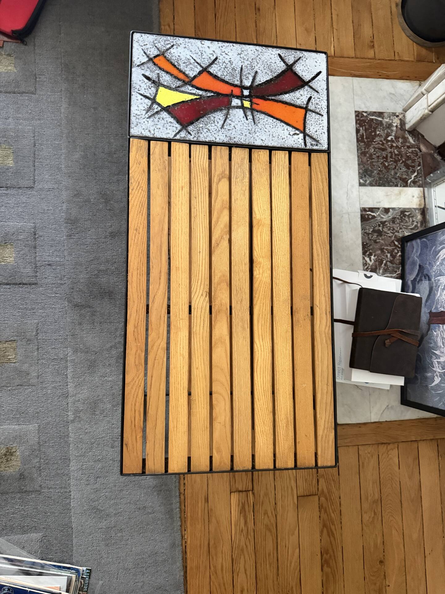 Table basse vintage années 1960 en bois, pierre de lave émaillée et fe