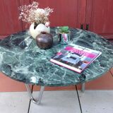Round coffee table in green marble and chrome / vintage base 60s-70s