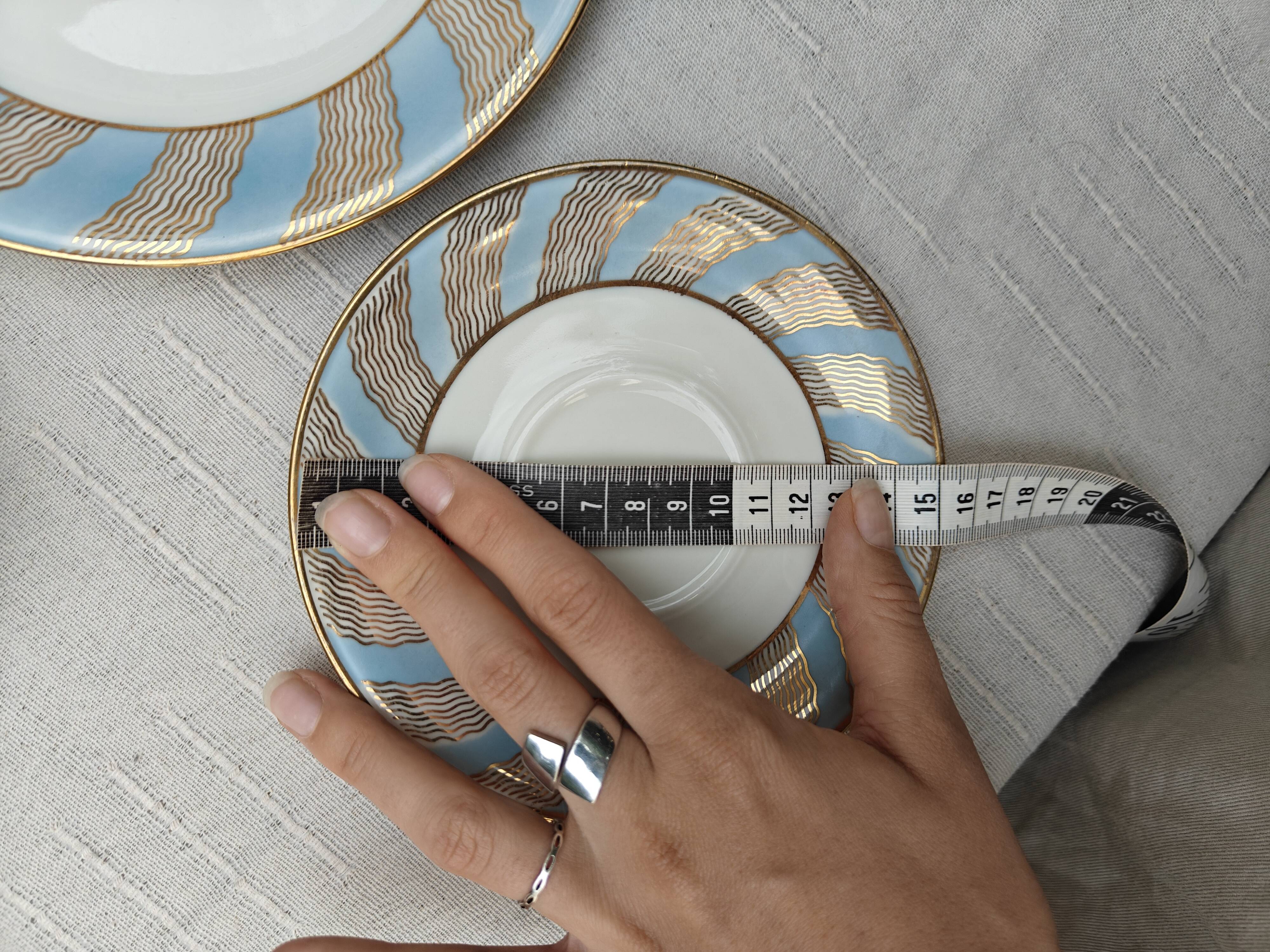 Vintage Bavaria ivory tea/coffee trio, sky blue & gold graphic waves.