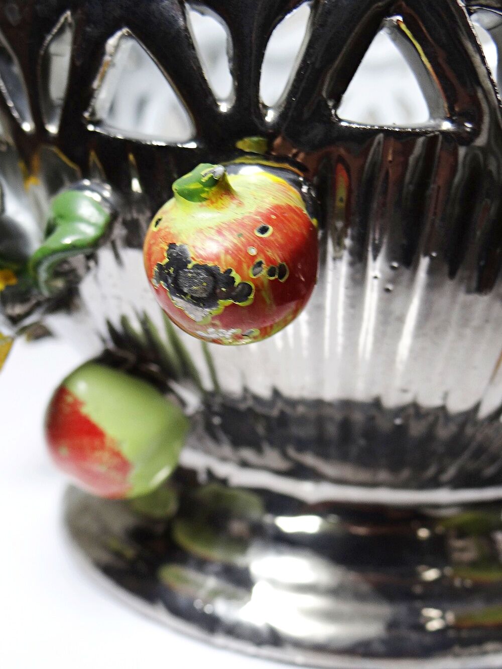 Vintage Italian silver-plated porcelain bowl with cut-out design of fruits and flowers.