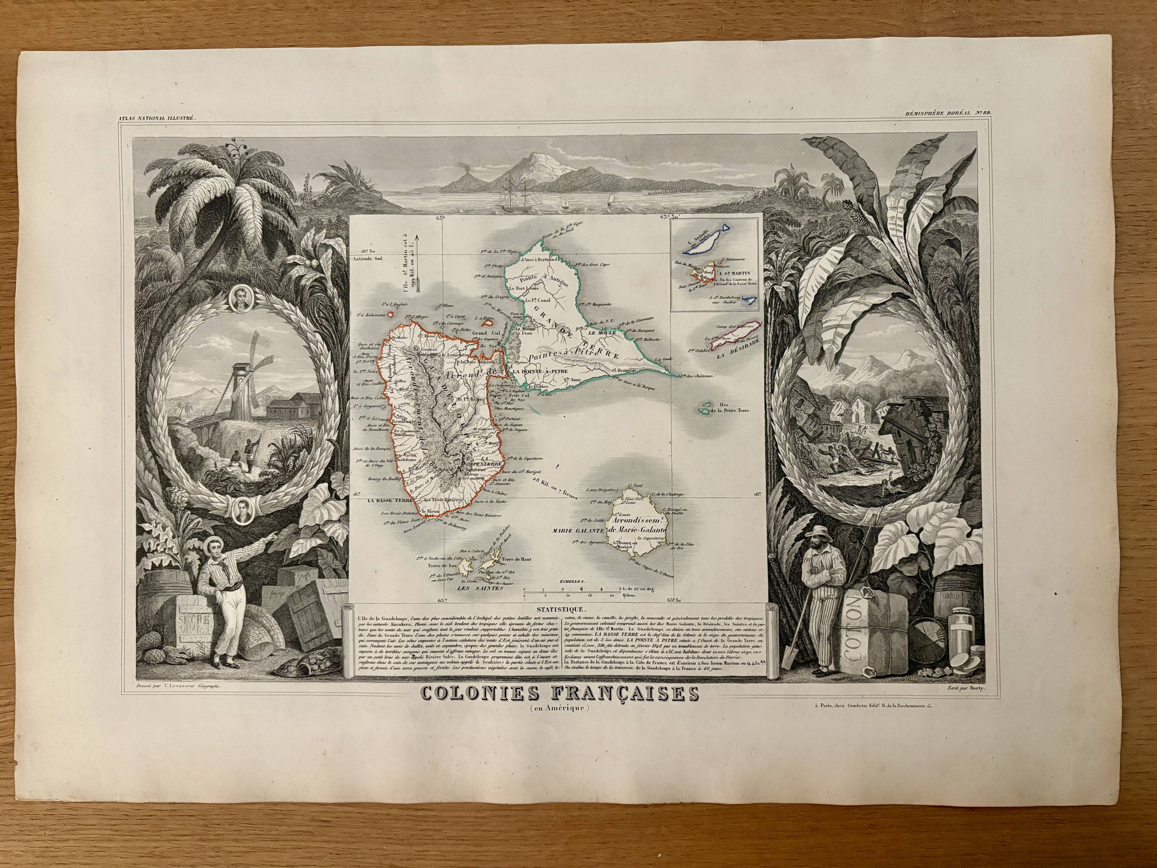 Old illustrated map of the Antilles Guadeloupe Grande-Terre – 1840