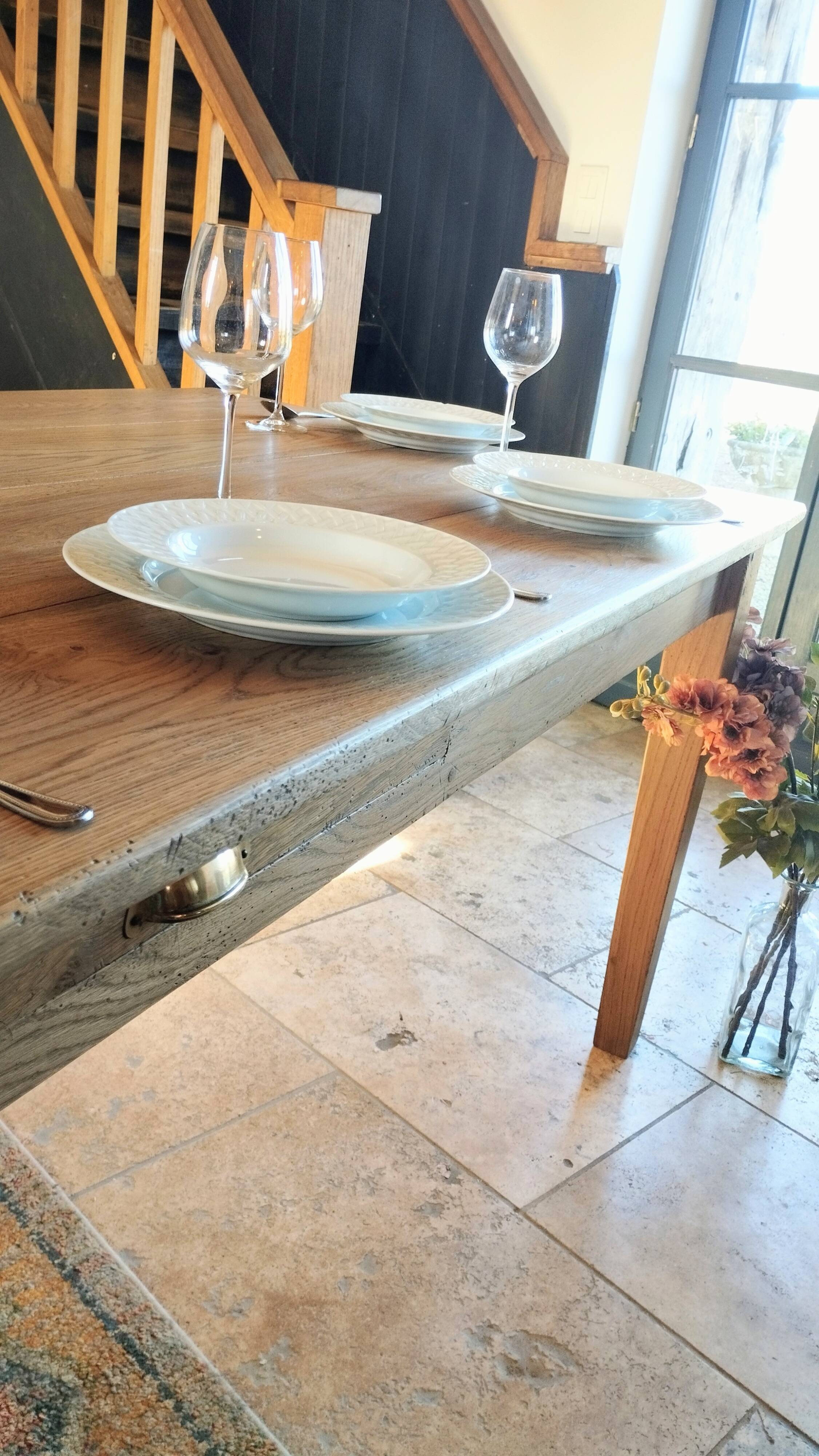 Solid oak farmhouse table with central drawer and extension