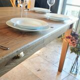 Solid oak farmhouse table with central drawer and extension