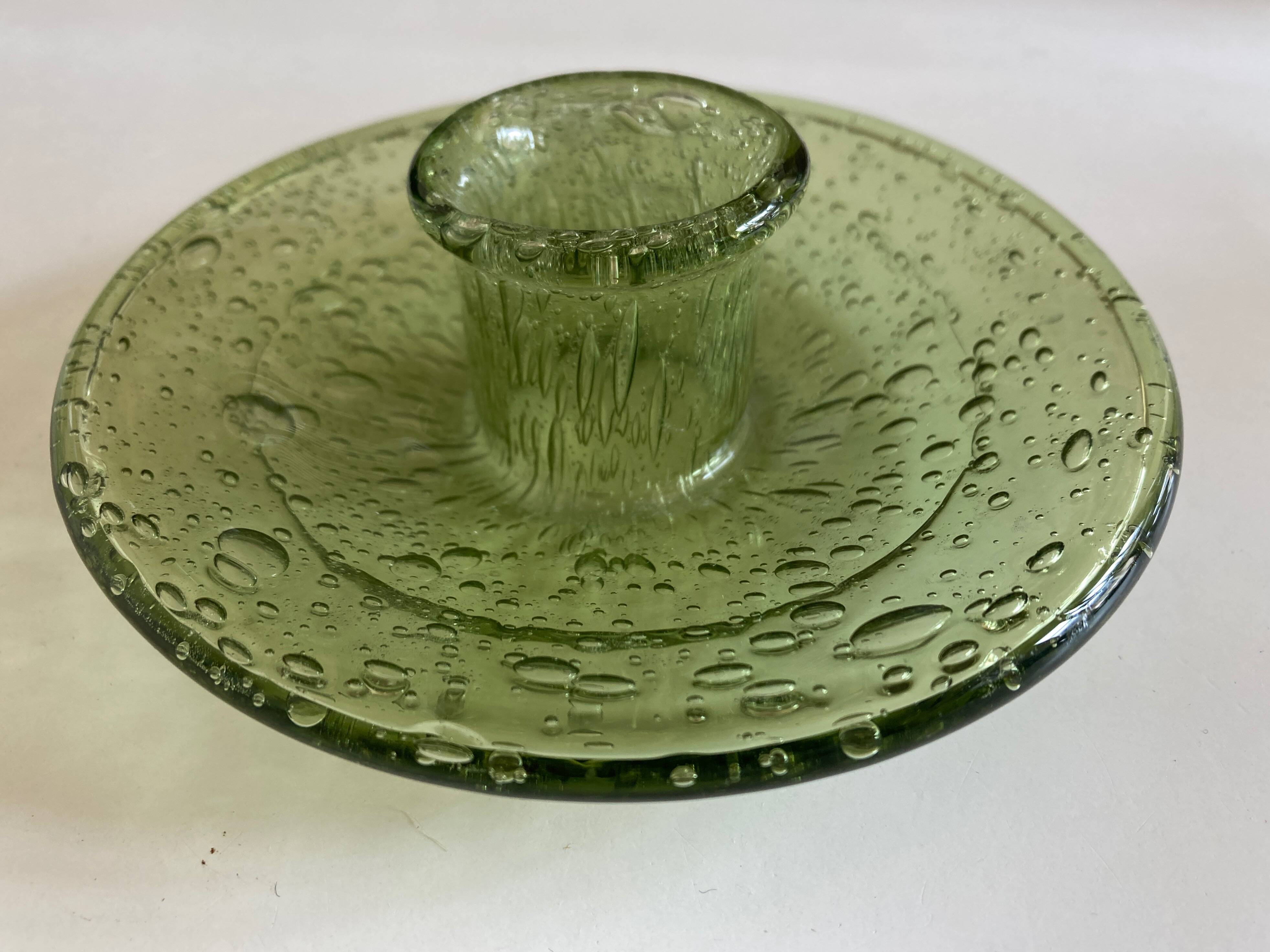 Biot candle holder in lime green bubbled glass 1970