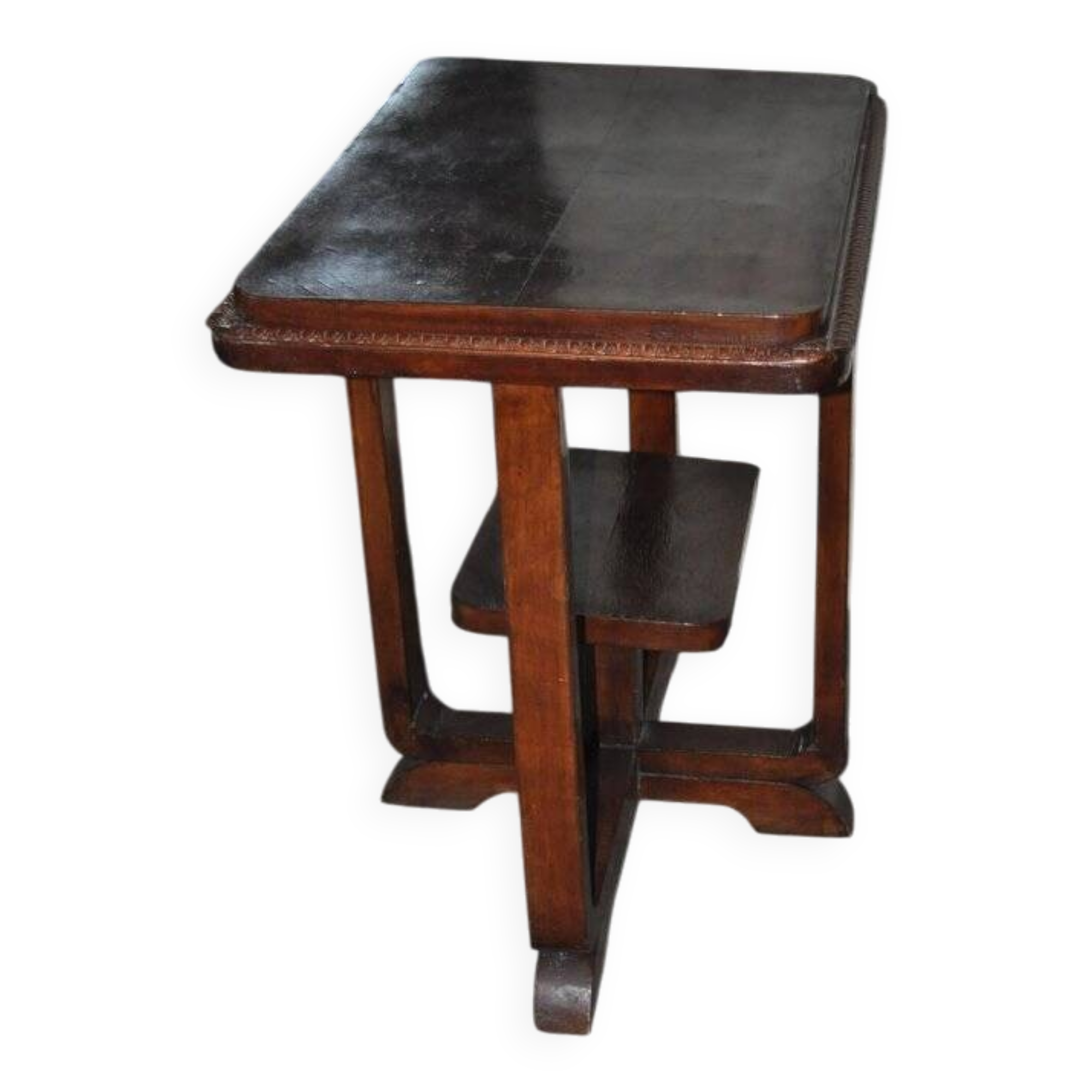Art Deco coffee table in brown wood, 1930s, U-shaped base and shelf.