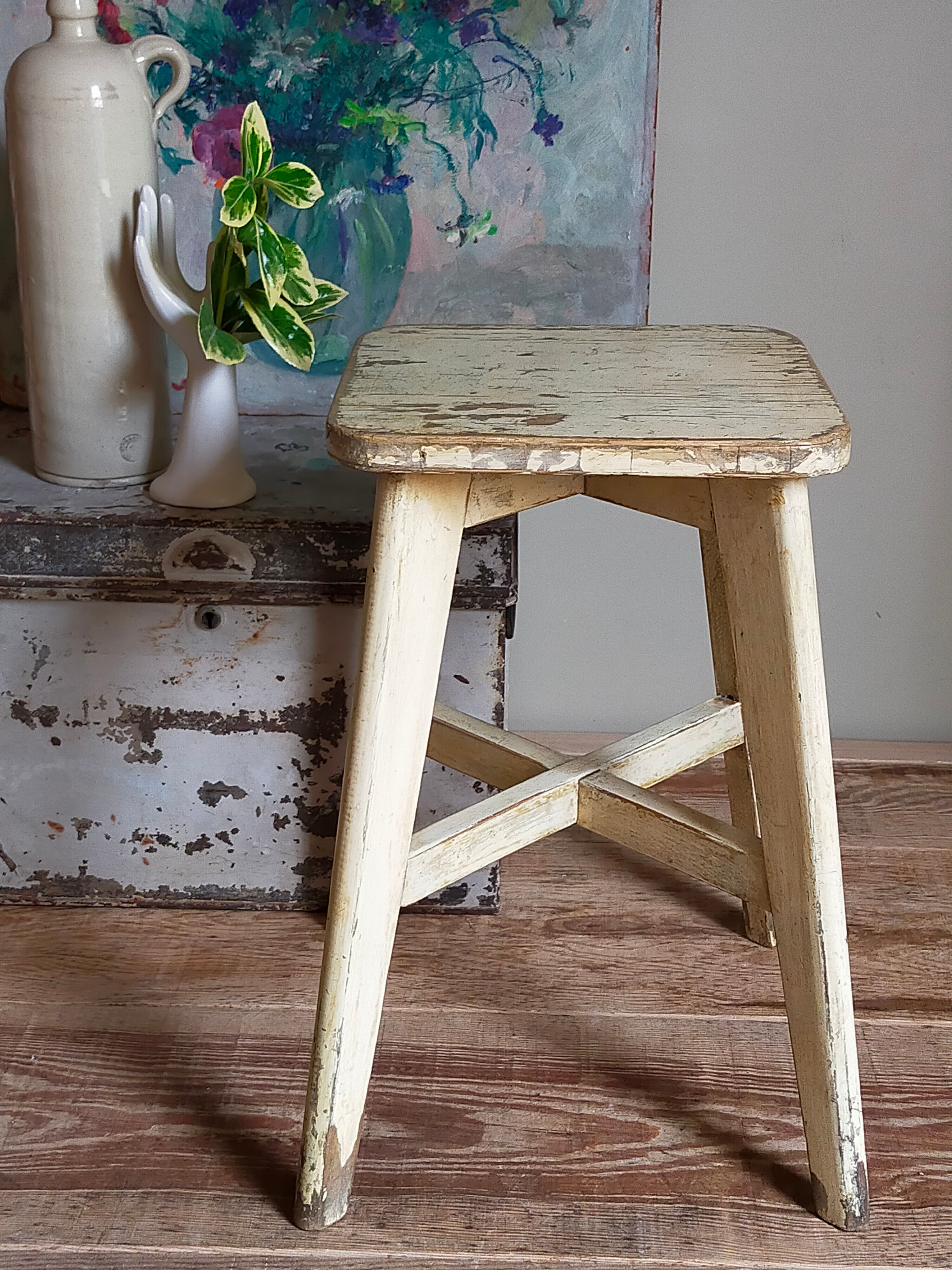 Old workshop stool in patinated solid wood