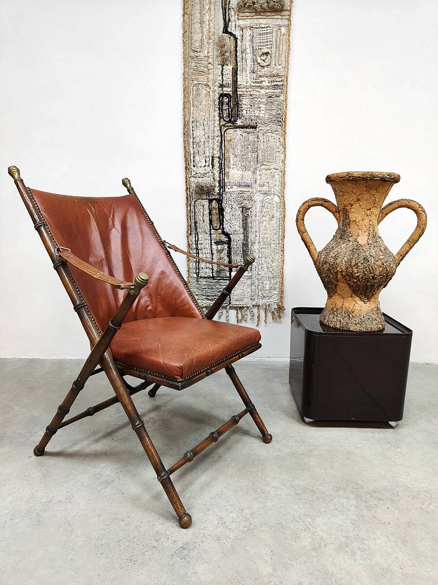 Vintage faux bamboo leather folding chair 'Safari style'