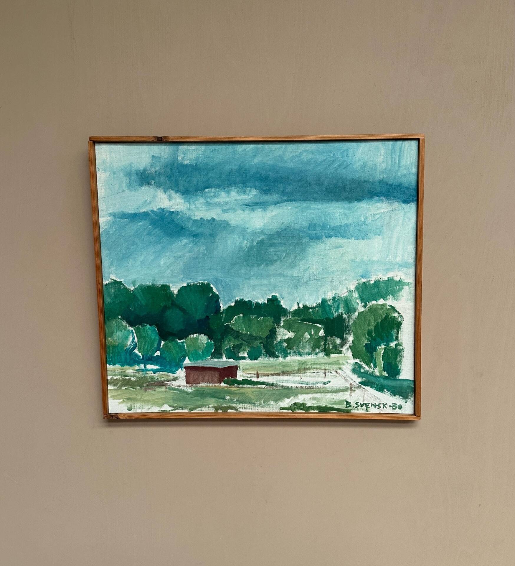 Original Swedish Oil on Canvas – “Milk Shed at Kaga” by Björn Svensk – Signed – Dated 1980 – Vintage & Framed