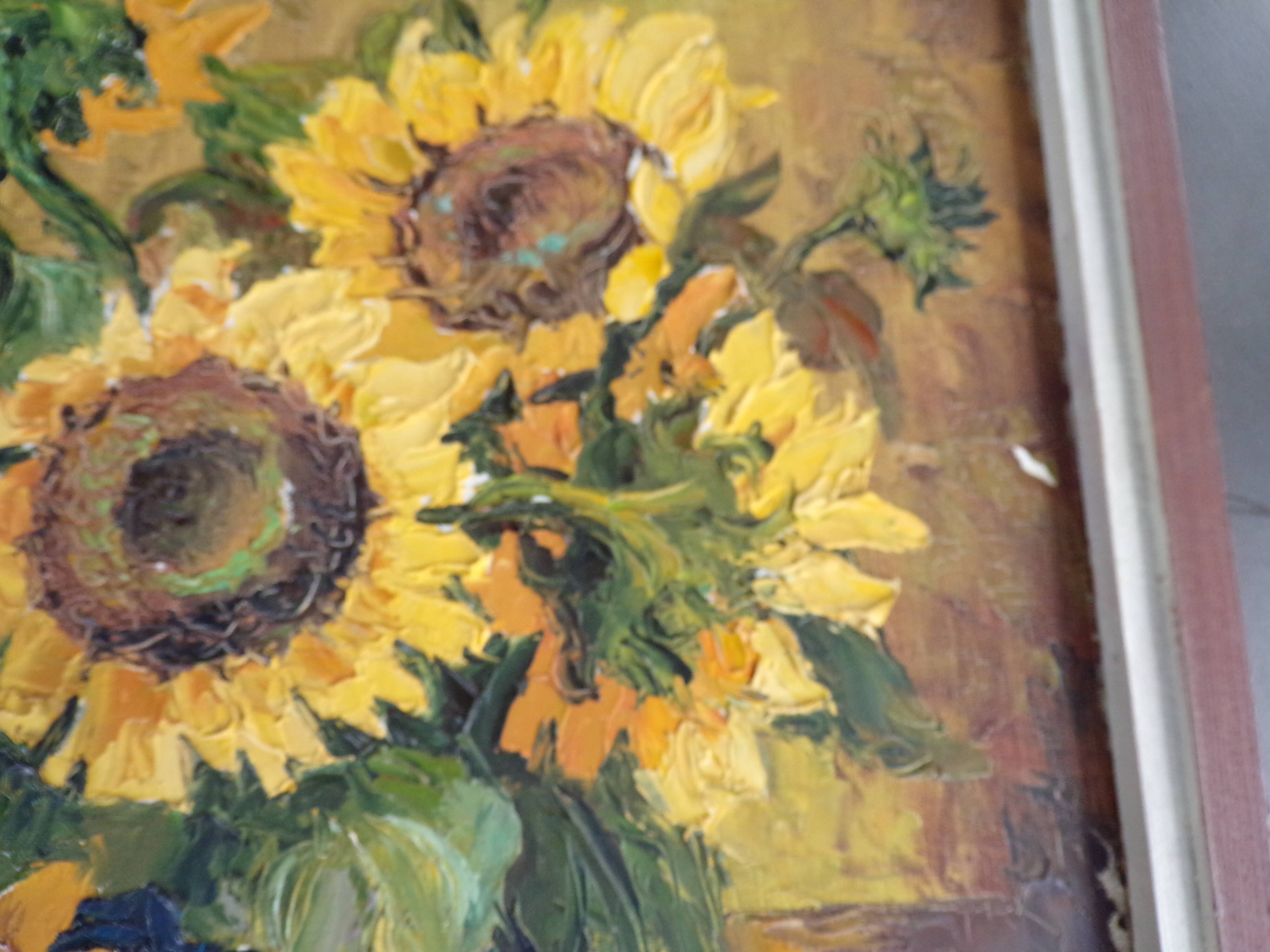 Oil on still life panel with sunflowers