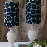Pair of alabaster bedside lamps with blue leopard shades