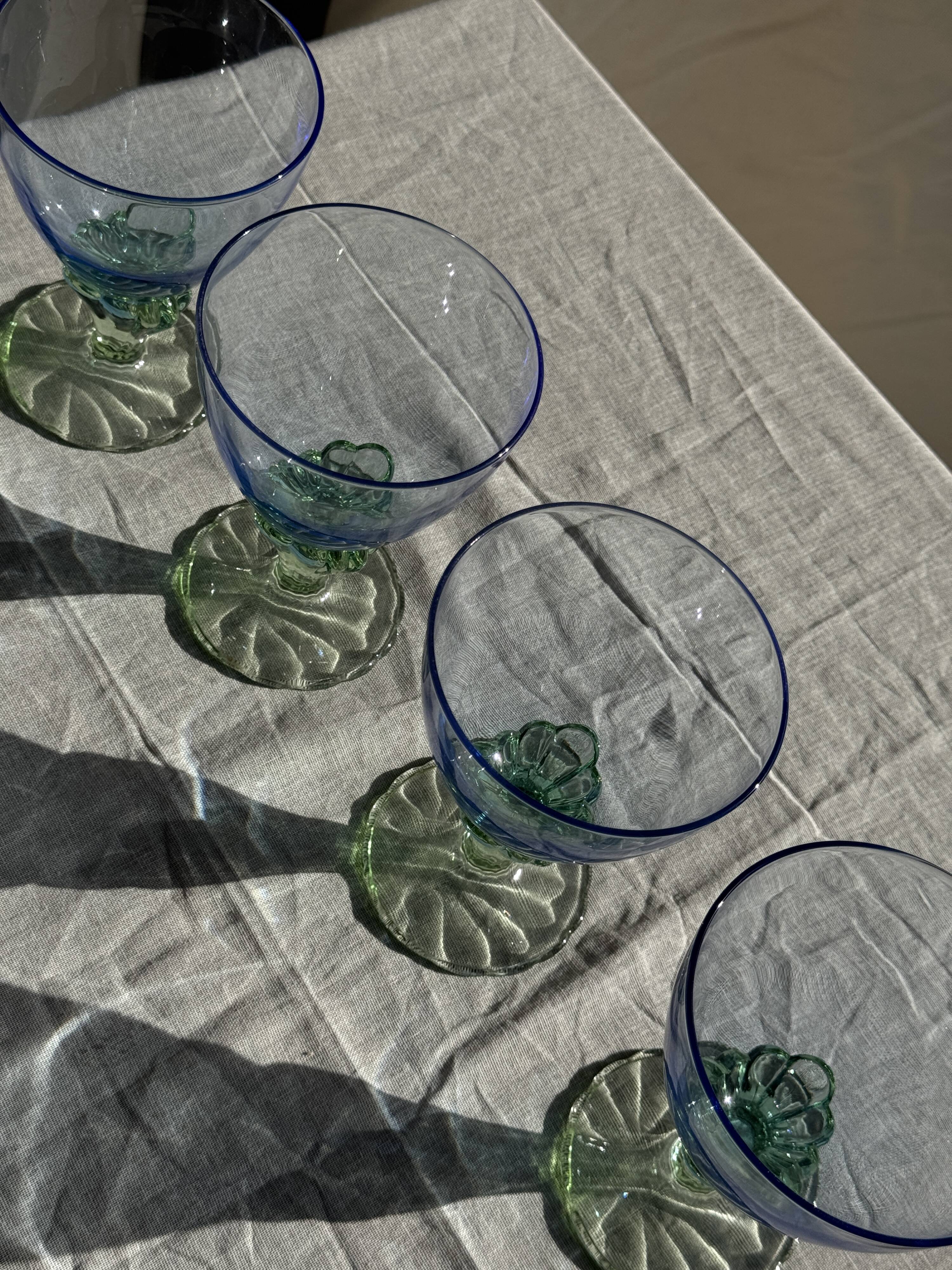 Set of 4 large blue and green glasses H14 D10