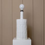 Vintage table lamp Tommaso Barbi - white ceramic, bamboo effect, Italy 1970s, handmade, Hollywood Regency style, retro bedside lamp.