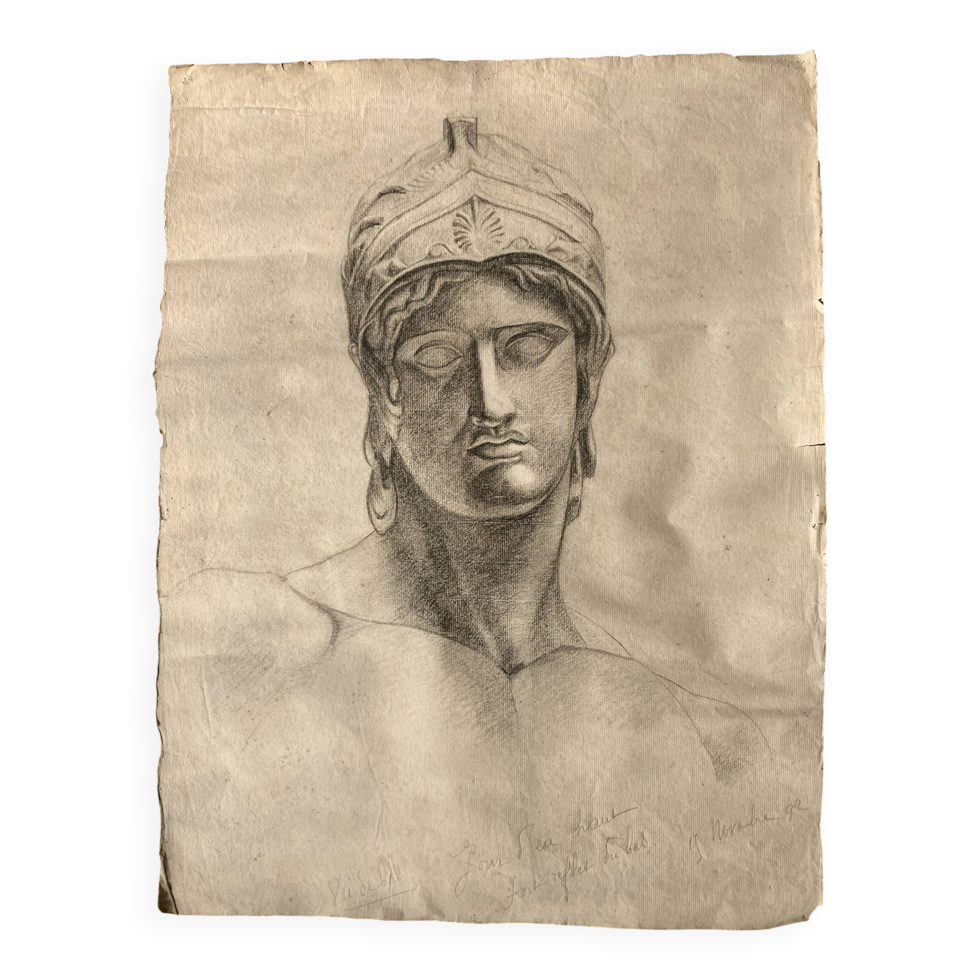 Neo-classical Greek head of the workshop of the god Ares in charcoal.