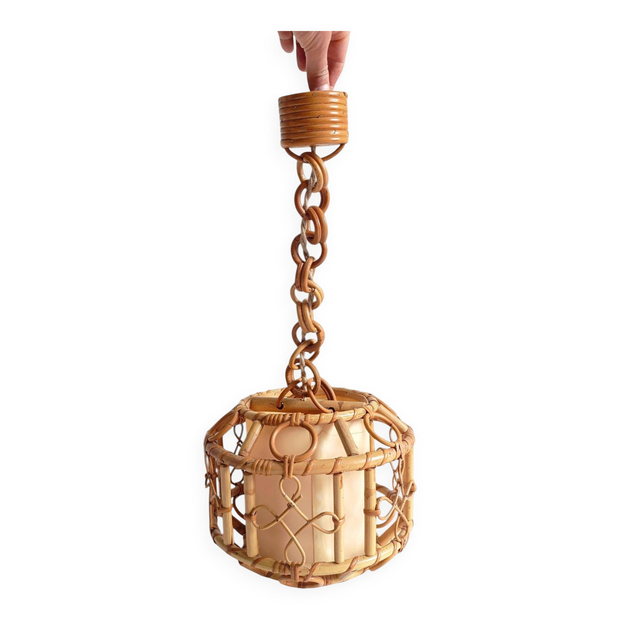 1960s Hand-Crafted Mid-Century Bamboo and Rattan Pendant Lamp, France